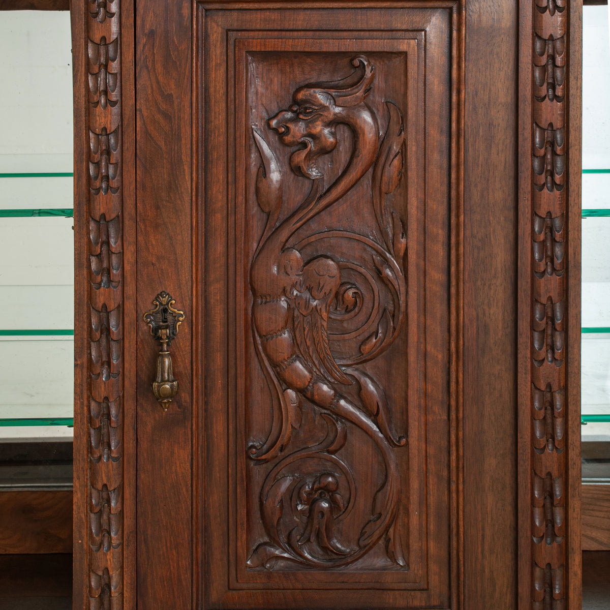Antique Italian Carved Walnut Renaissance Revival Griffin Display Cabinet Buffet