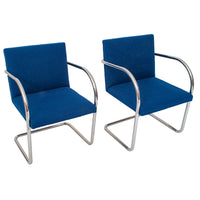 Pair Knoll Mid Century Modern Blue Chrome BRNO Mies Van Der Rohe Chairs,1980