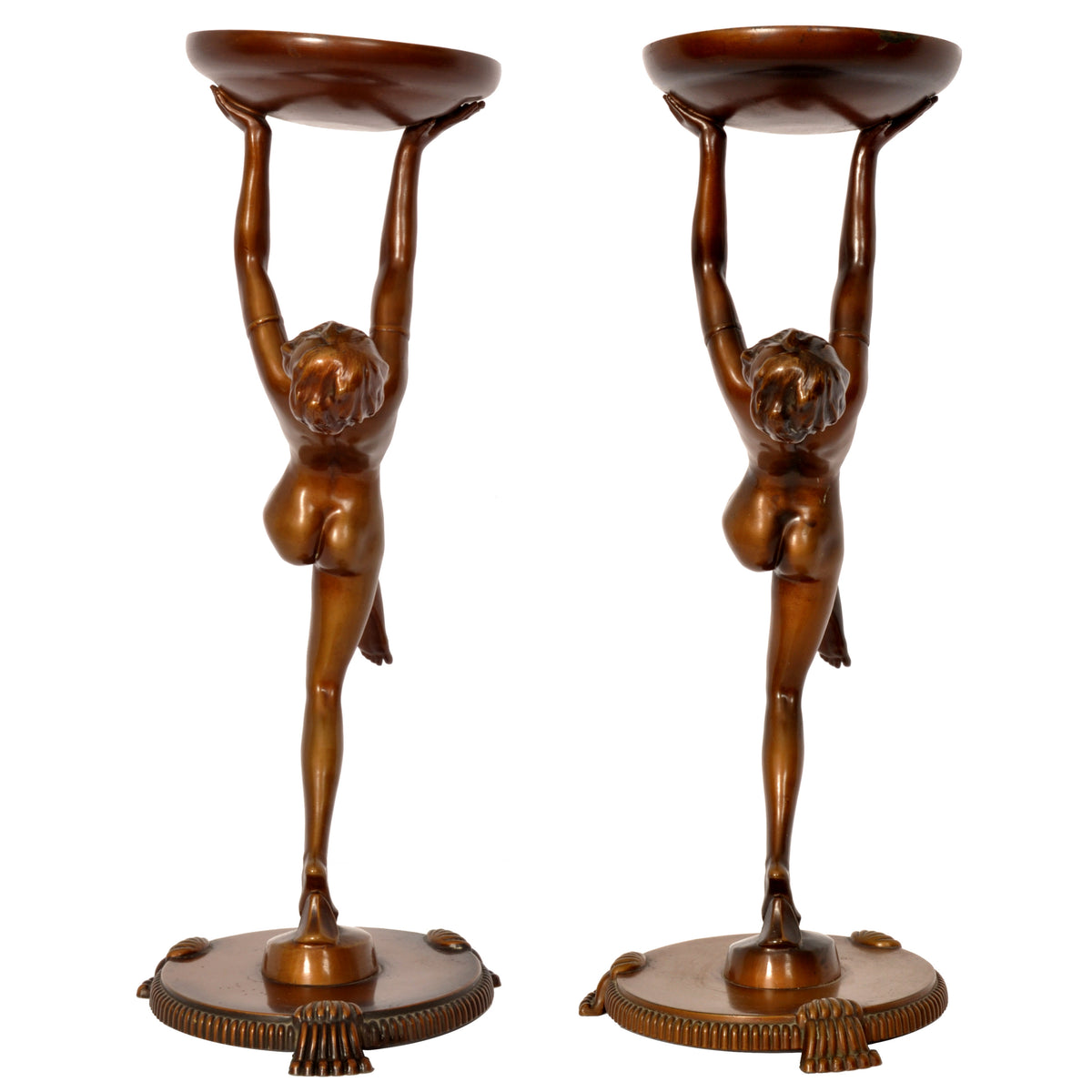 Antique Pair of French Art Deco Bronze Female Nude Dancers Statues Stands Circa 1925