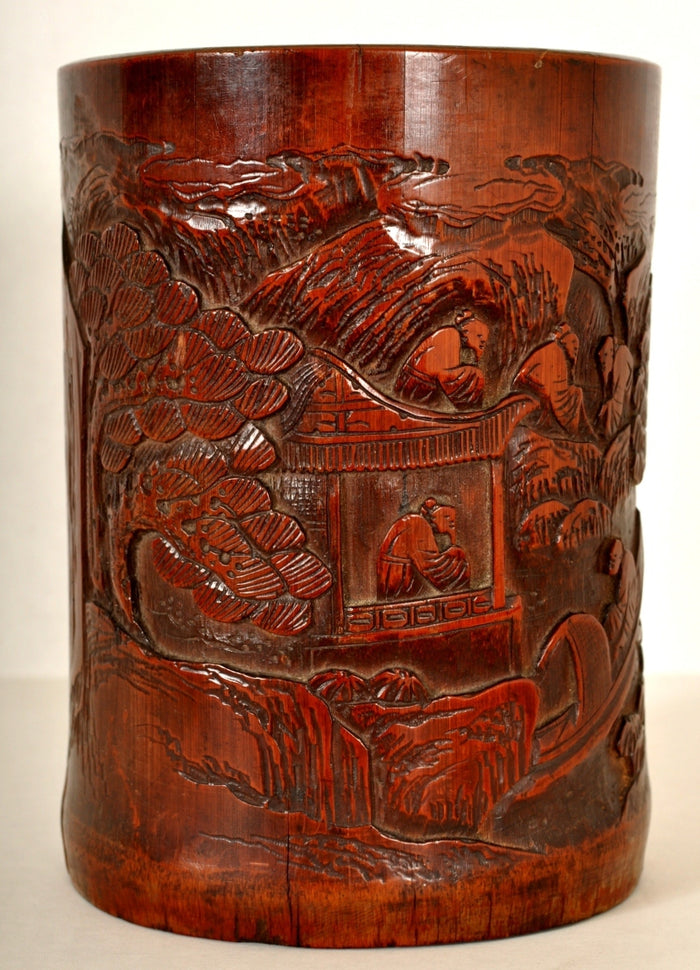 Antique Chinese Qing Dynasty Carved Bamboo Brush Pot, Circa 1850