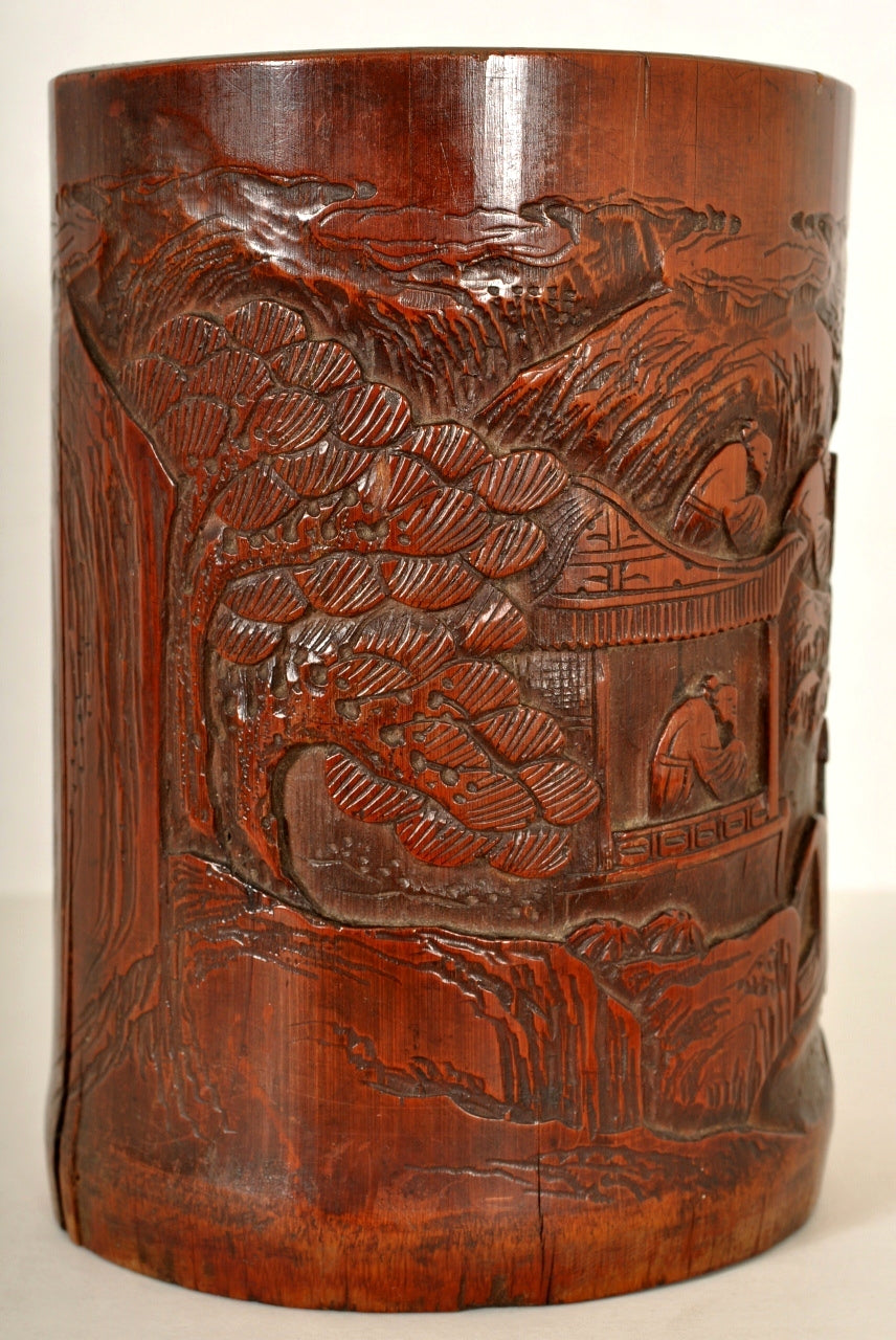 Antique Chinese Qing Dynasty Carved Bamboo Brush Pot, Circa 1850
