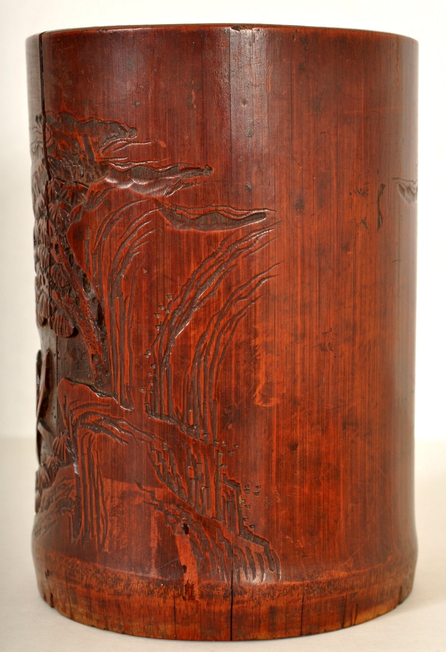 Antique Chinese Qing Dynasty Carved Bamboo Brush Pot, Circa 1850