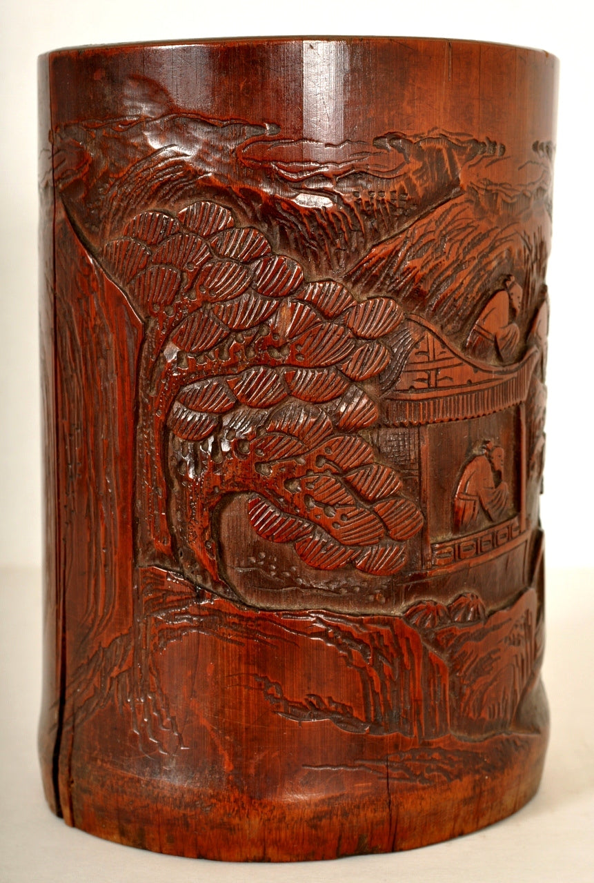 Antique Chinese Qing Dynasty Carved Bamboo Brush Pot, Circa 1850