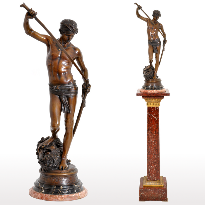 "David Apres le Combat" Antique French Bronze Statue & Marble Column by Antonin Mercie (1845-1916), circa 1880