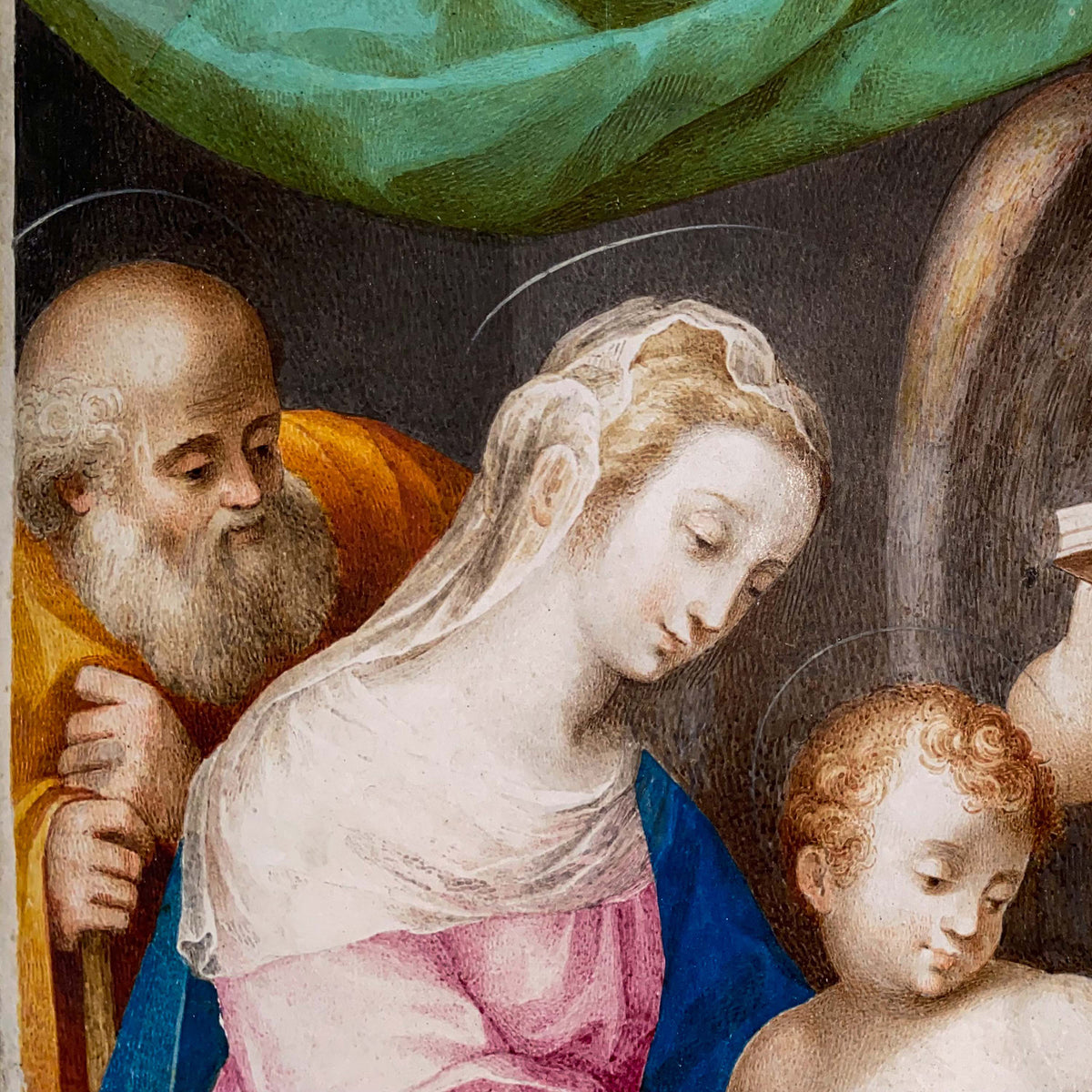 Italian Renaissance Tempera on Parchment Painting Holy Family by Giuseppe Cesari Circa 1595