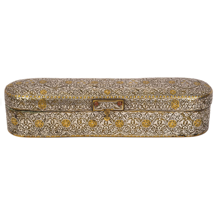 Antique Islamic 15th Century Mamluk Qalamdan Gold Silver Inlaid Brass Pen Box