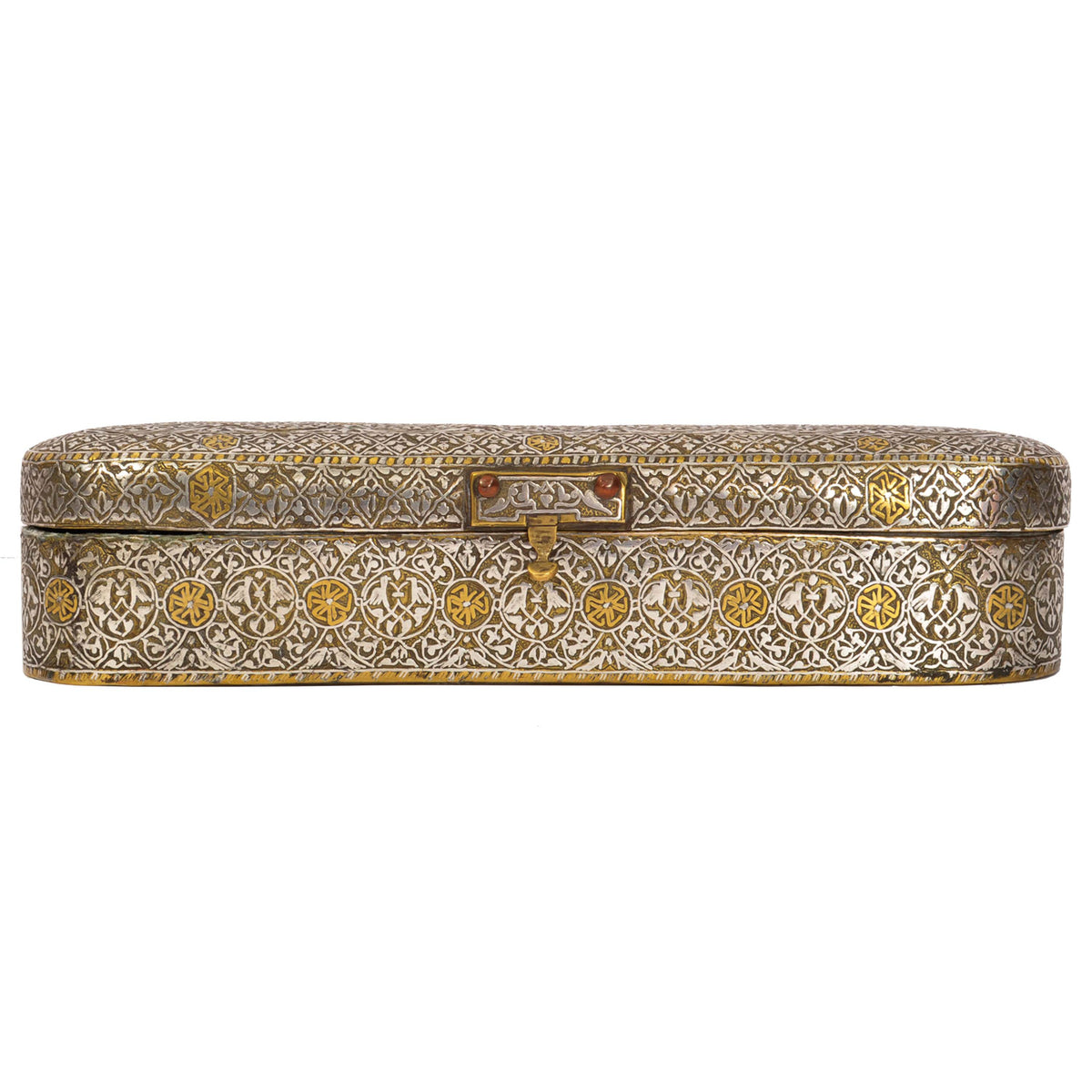 Antique Islamic 15th Century Mamluk Qalamdan Gold Silver Inlaid Brass Pen Box