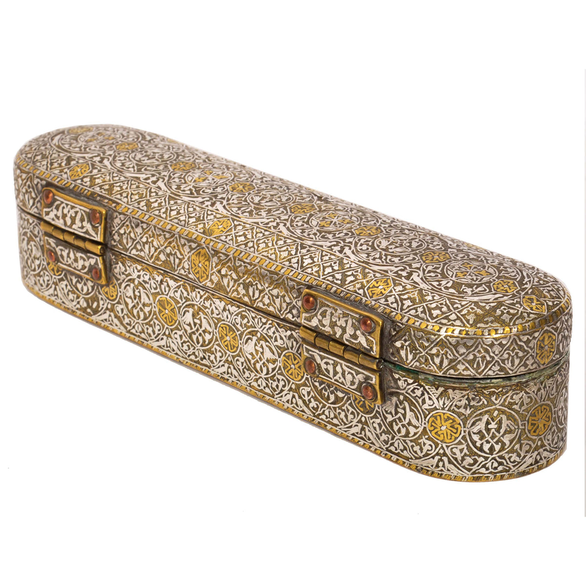 Antique Islamic 15th Century Mamluk Qalamdan Gold Silver Inlaid Brass Pen Box