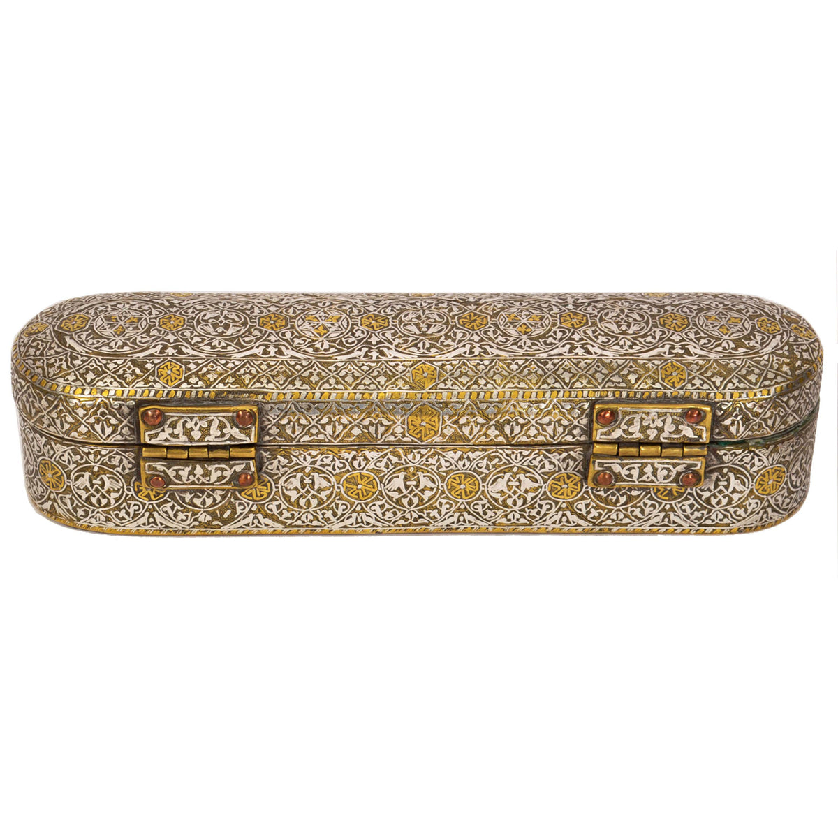 Antique Islamic 15th Century Mamluk Qalamdan Gold Silver Inlaid Brass Pen Box