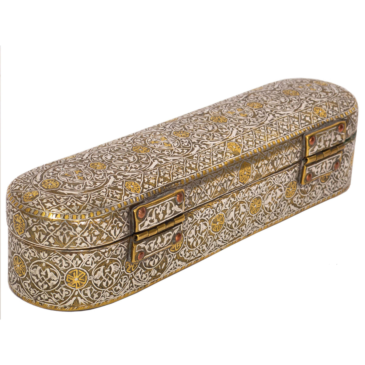 Antique Islamic 15th Century Mamluk Qalamdan Gold Silver Inlaid Brass Pen Box