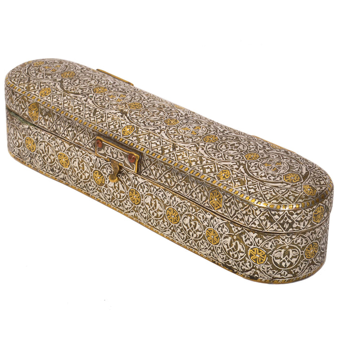Antique Islamic 15th Century Mamluk Qalamdan Gold Silver Inlaid Brass Pen Box