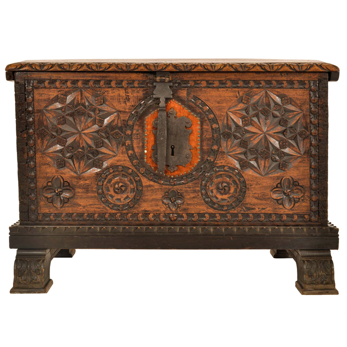 Antique Scandinavian Baroque Folk Art Carved Pine Dowry Chest / Trunk / Coffer, circa 1780