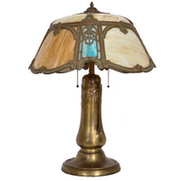 Antique American Art Nouveau Bronze & Slag Glass Table Lamp, circa 1910