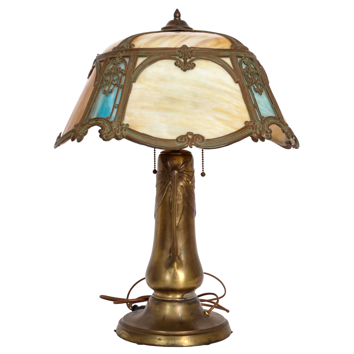 Antique American Art Nouveau Bronze & Slag Glass Table Lamp, circa 1910