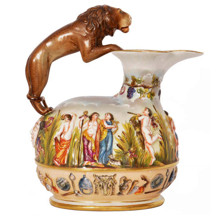 Antique Italian Porcelain Capodimonte Porcelain Lion Handle Pitcher Jug, Circa 1880