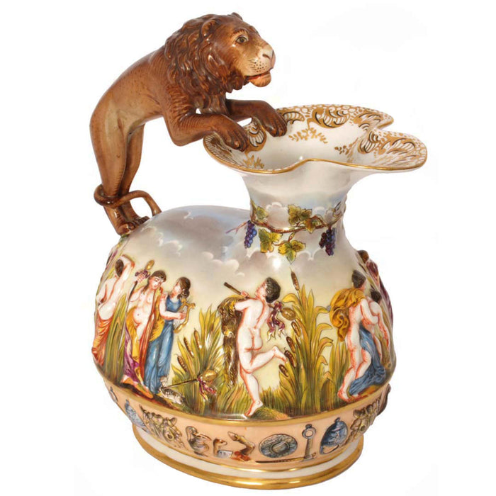 Antique Italian Porcelain Capodimonte Porcelain Lion Handle Pitcher Jug, Circa 1880