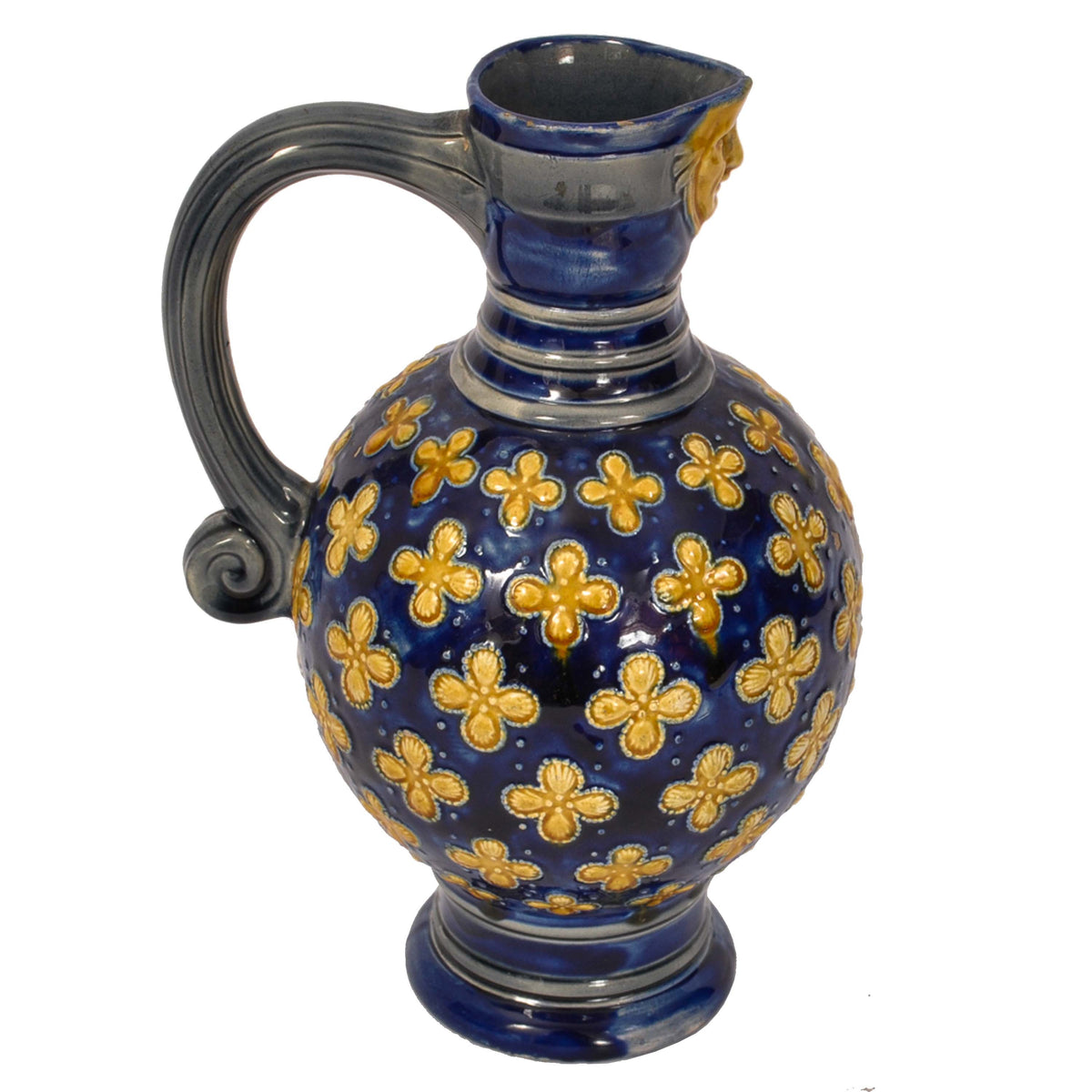 Antique English Minton Majolica Blue Pottery Beer Jug Pitcher, Circa 1870