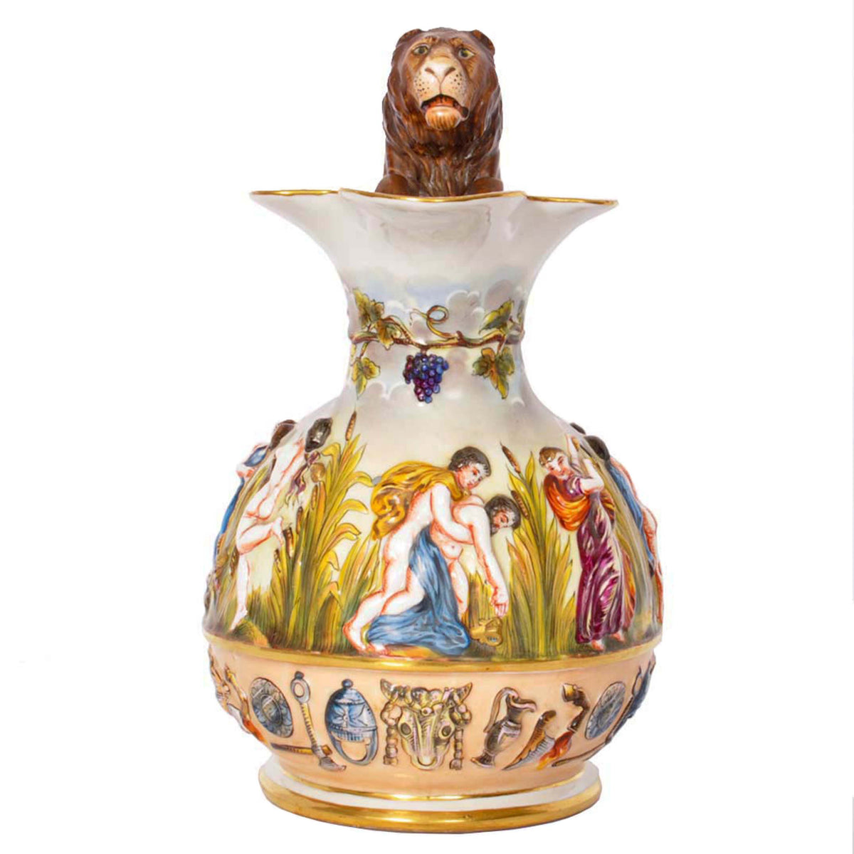 Antique Italian Porcelain Capodimonte Porcelain Lion Handle Pitcher Jug, Circa 1880