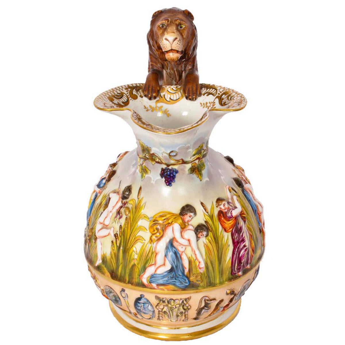 Antique Italian Porcelain Capodimonte Porcelain Lion Handle Pitcher Jug, Circa 1880