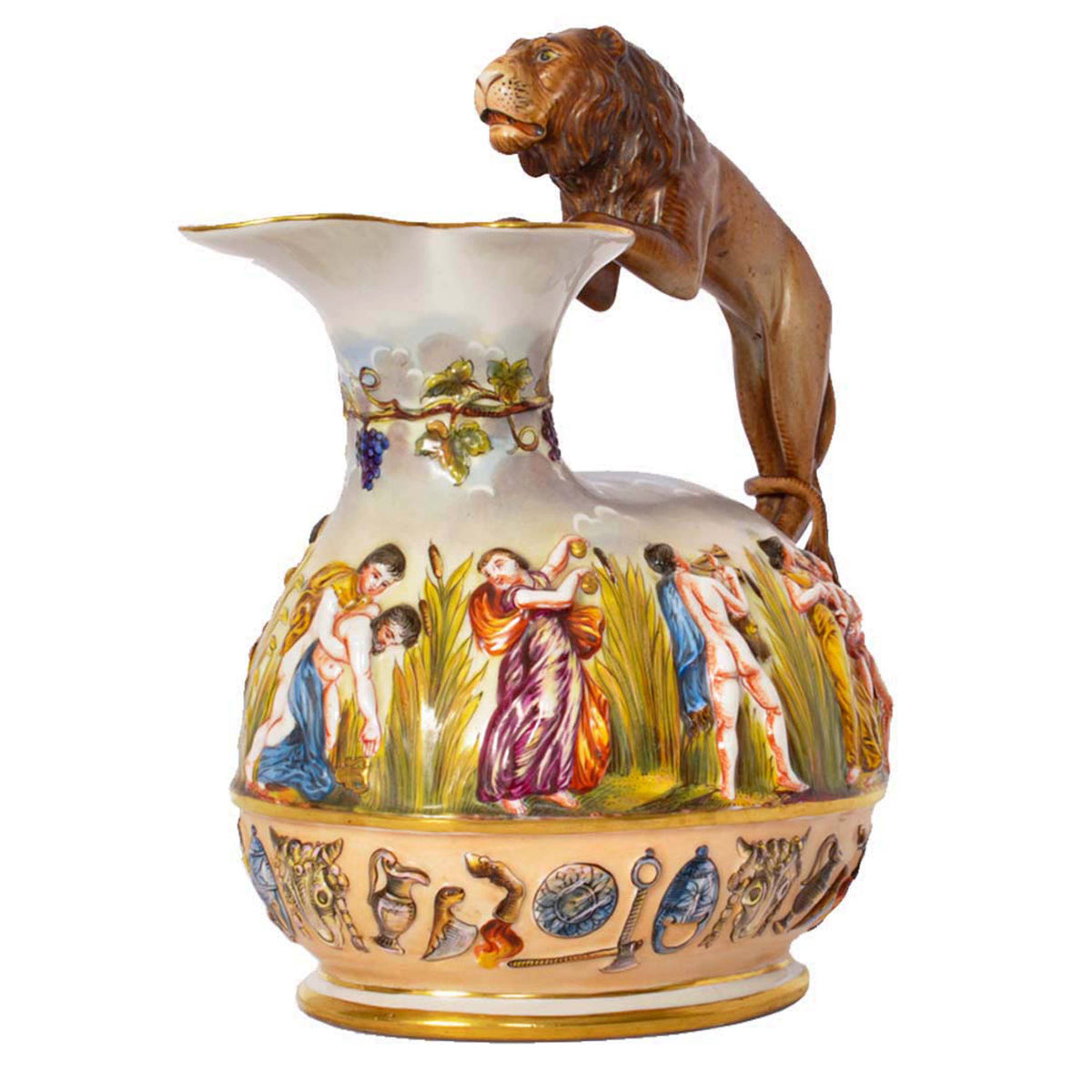 Antique Italian Porcelain Capodimonte Porcelain Lion Handle Pitcher Jug, Circa 1880