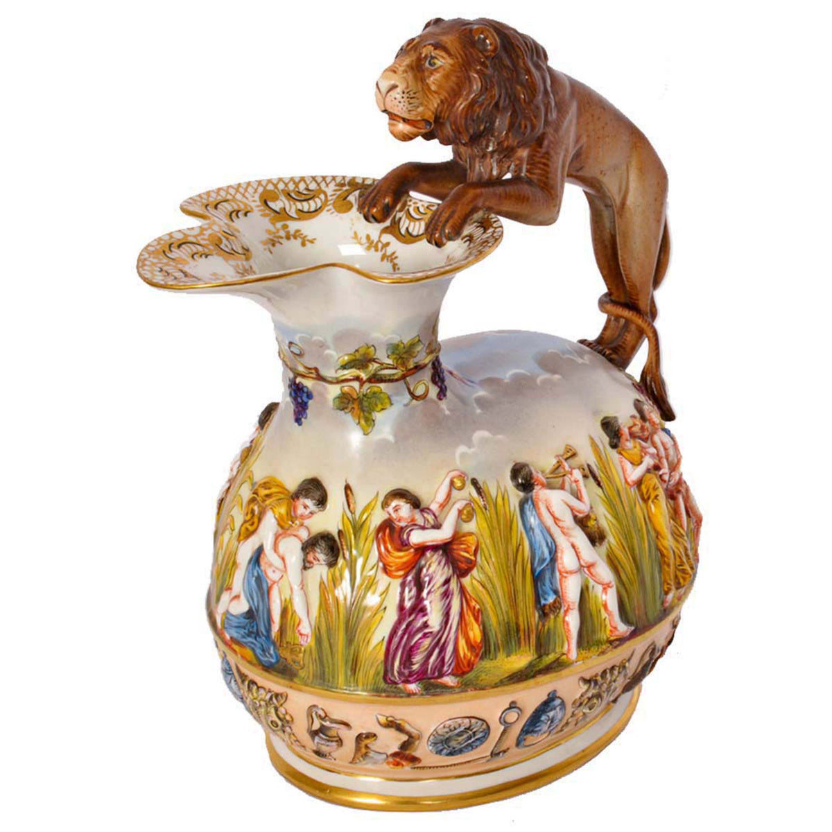 Antique Italian Porcelain Capodimonte Porcelain Lion Handle Pitcher Jug, Circa 1880