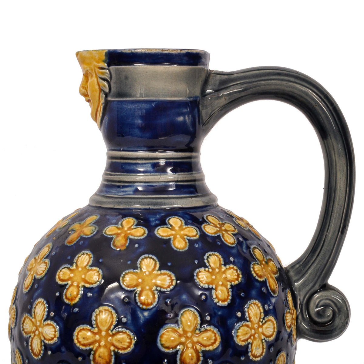 Antique English Minton Majolica Blue Pottery Beer Jug Pitcher, Circa 1870