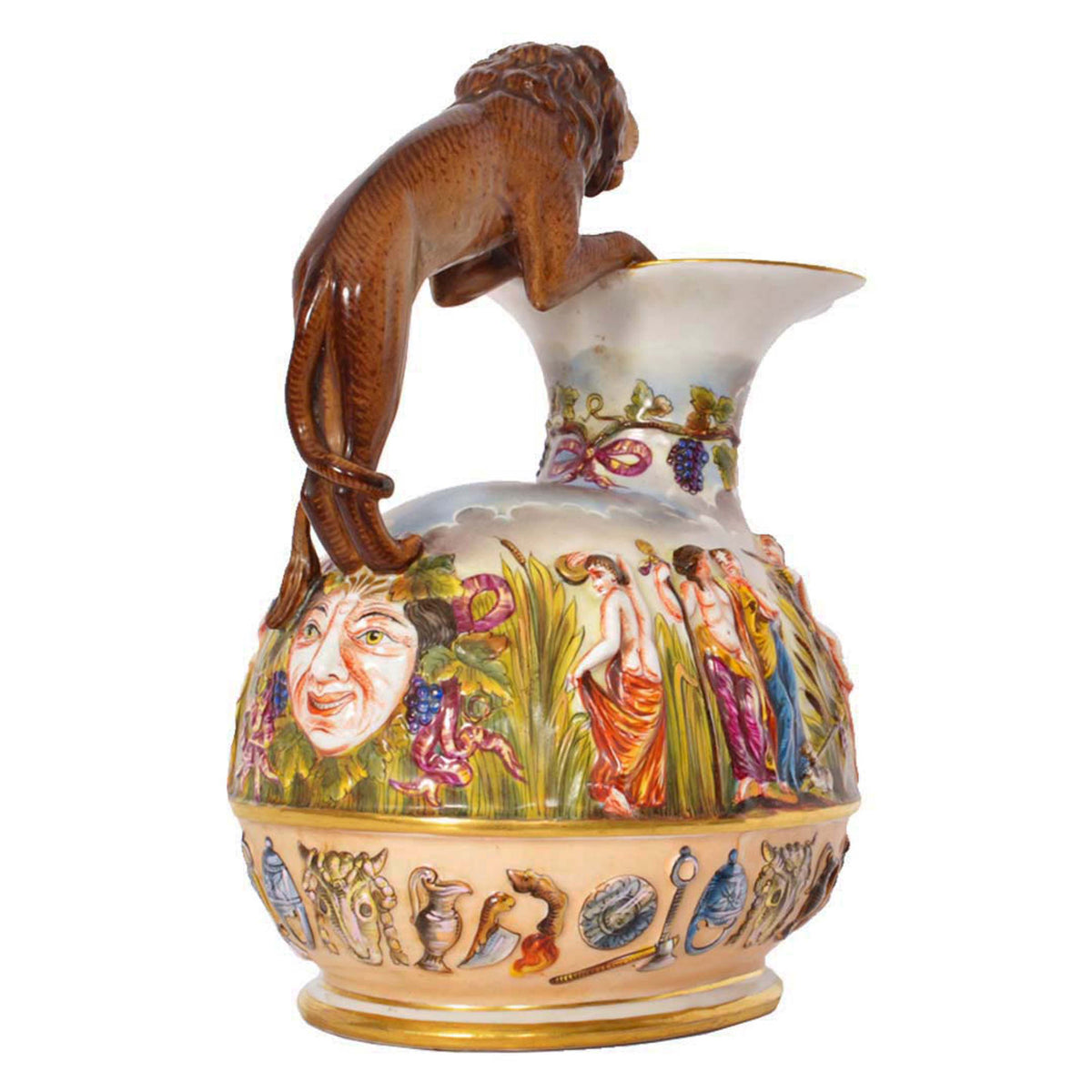 Antique Italian Porcelain Capodimonte Porcelain Lion Handle Pitcher Jug, Circa 1880