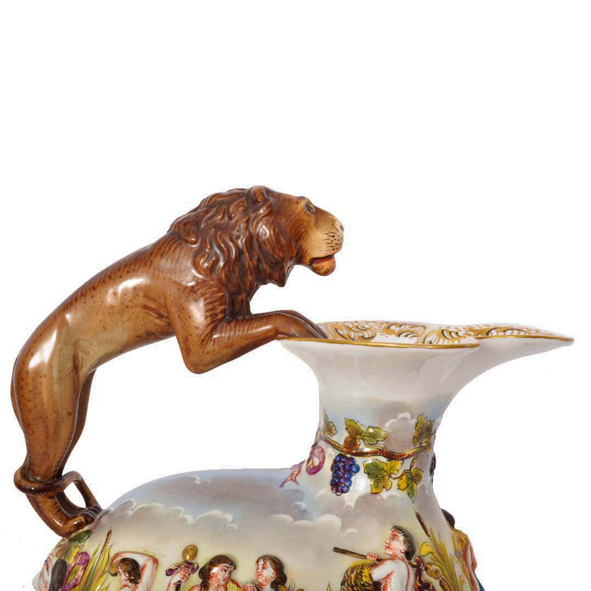 Antique Italian Porcelain Capodimonte Porcelain Lion Handle Pitcher Jug, Circa 1880