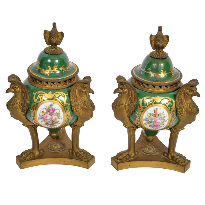 Pair Antique French 'Sevres' Red Porcelain Gilt Bronze Pot Pourri Urns, 1804-1809