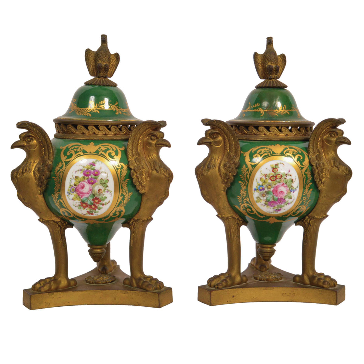 Pair Antique French 'Sevres' Red Porcelain Gilt Bronze Pot Pourri Urns, 1804-1809
