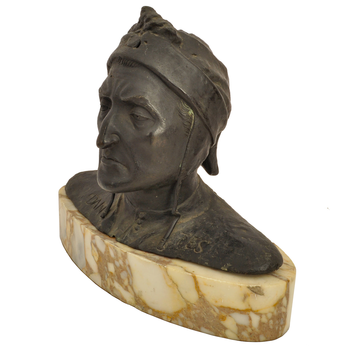 Antique Italian Grand Tour Bronze Marble Bust Sculpture Dante Alighieri, Circa 1880