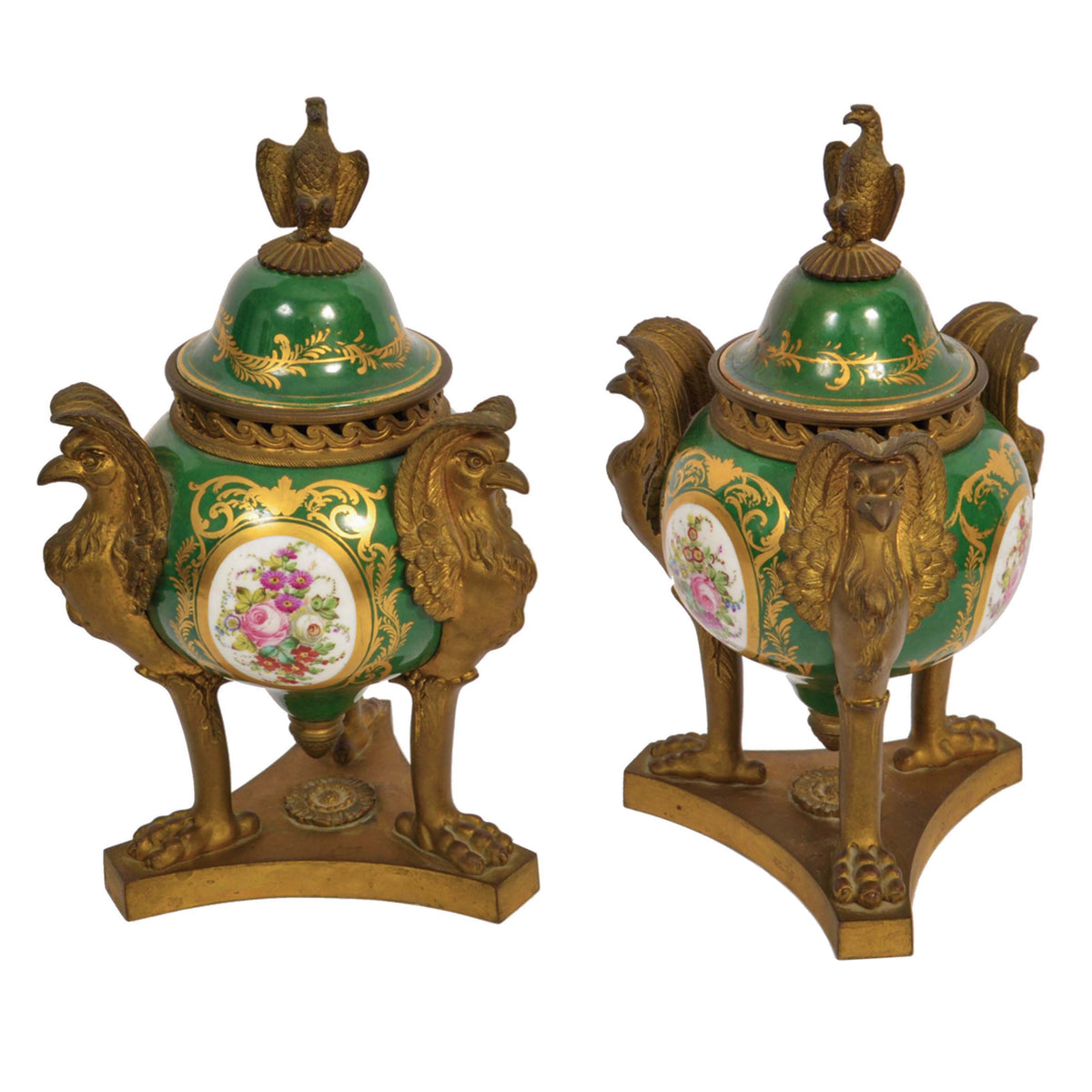 Pair Antique French 'Sevres' Red Porcelain Gilt Bronze Pot Pourri Urns, 1804-1809