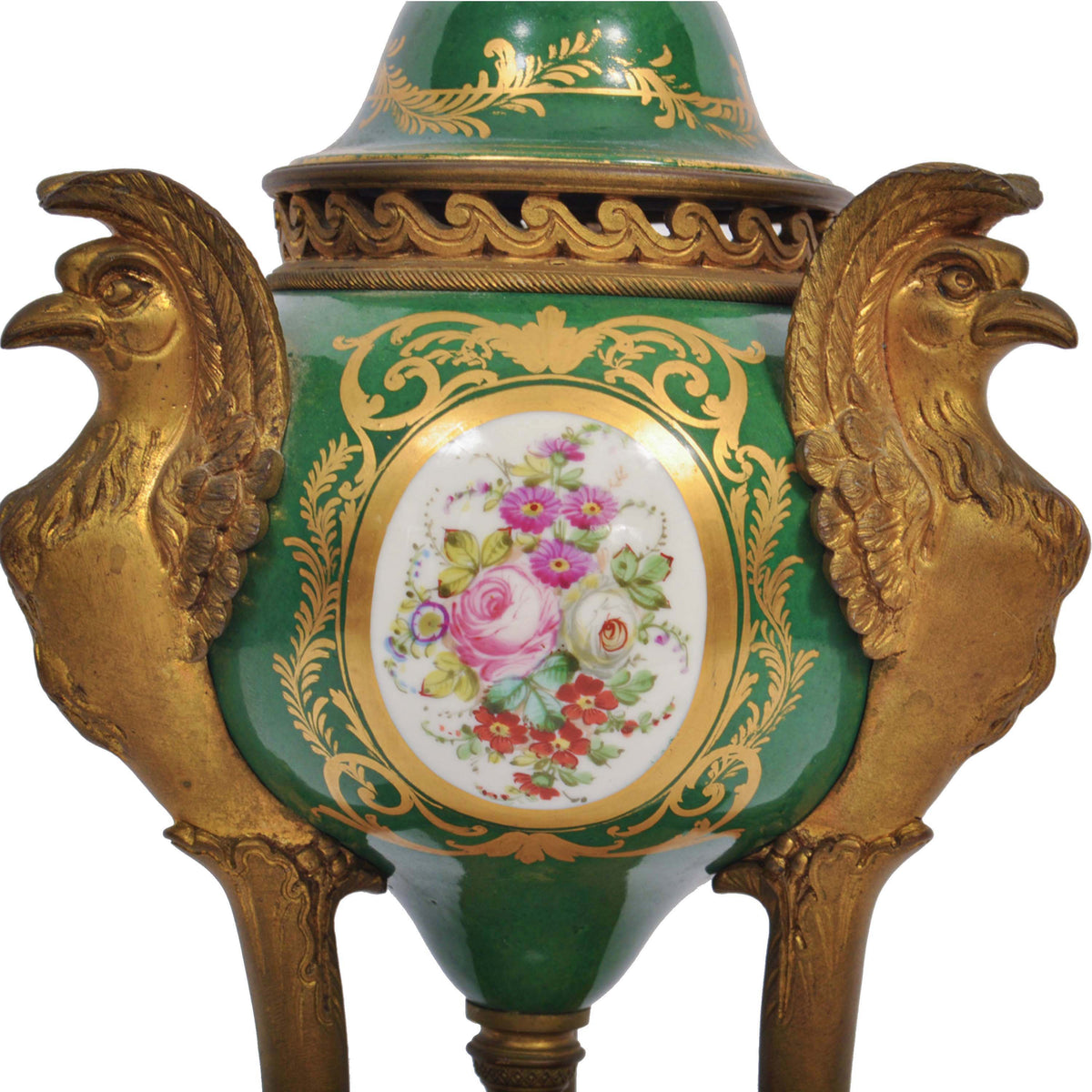 Pair Antique French 'Sevres' Red Porcelain Gilt Bronze Pot Pourri Urns, 1804-1809