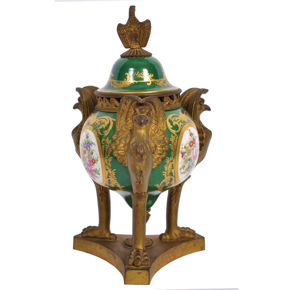 Pair Antique French 'Sevres' Red Porcelain Gilt Bronze Pot Pourri Urns, 1804-1809