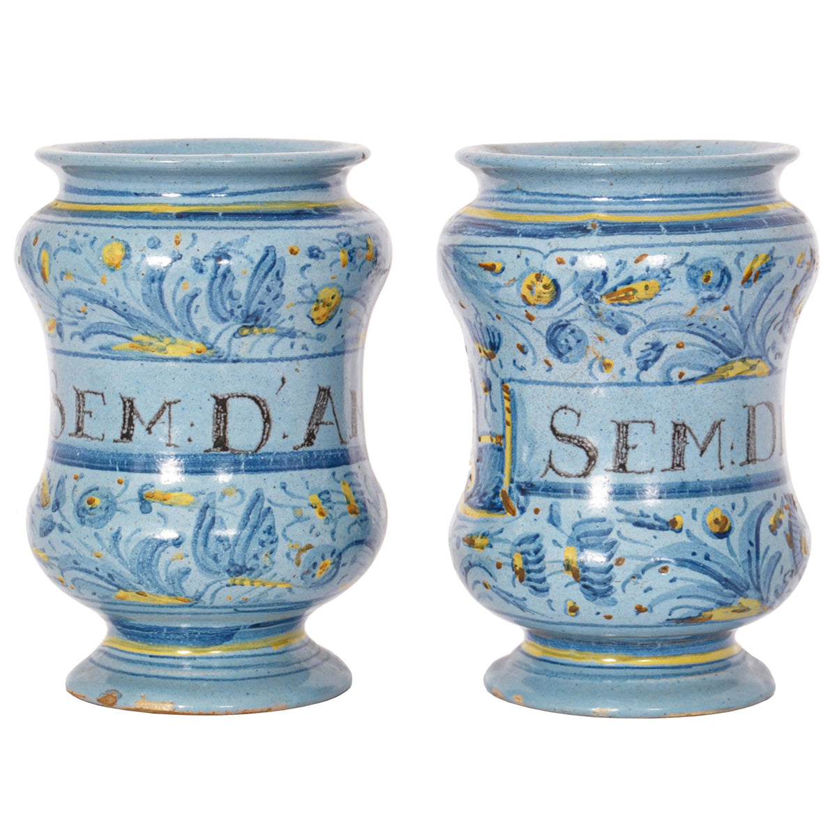 Pair Antique Italian Maiolica Pottery Albarelli Medicine Apothecary Jars, Circa 1650