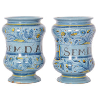 Pair Antique Italian Maiolica Pottery Albarelli Medicine Apothecary Jars, Circa 1650