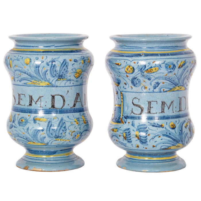 Pair Antique Italian Maiolica Pottery Albarelli Medicine Apothecary Jars, Circa 1650