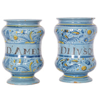 Pair Antique Italian Maiolica Pottery Albarelli Medicine Apothecary Jars, Circa 1650