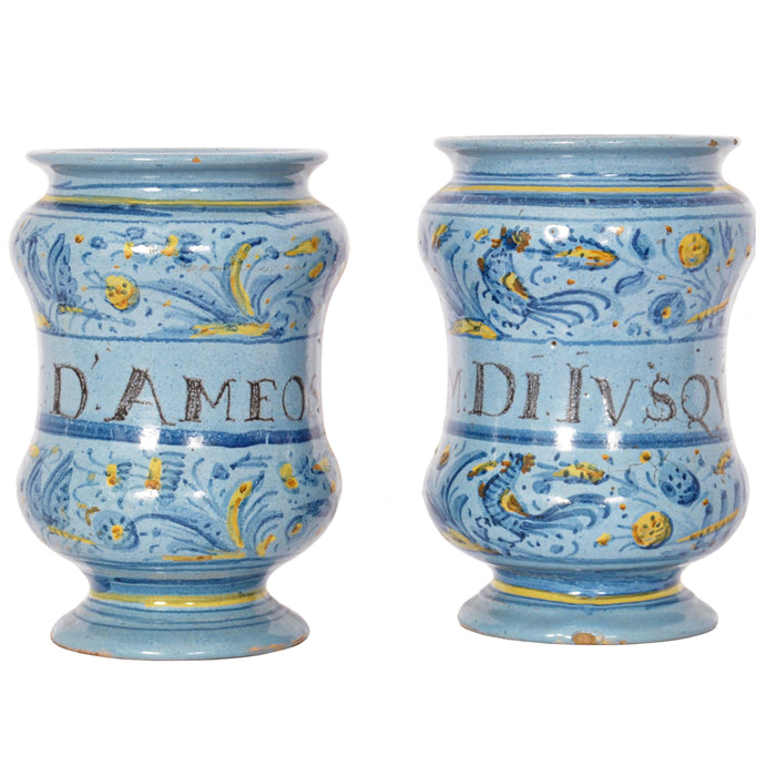 Pair Antique Italian Maiolica Pottery Albarelli Medicine Apothecary Jars, Circa 1650