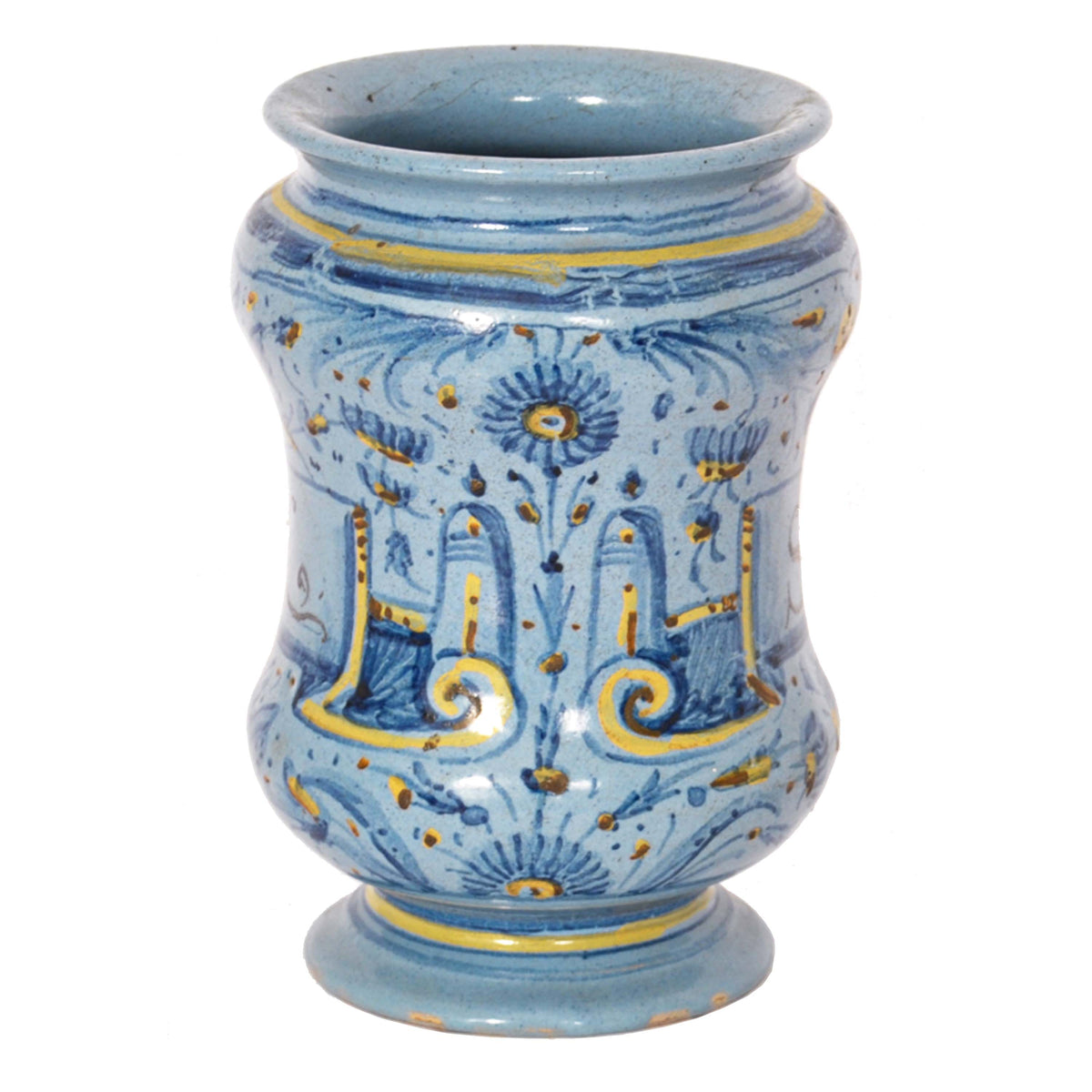 Pair Antique Italian Maiolica Pottery Albarelli Medicine Apothecary Jars, Circa 1650