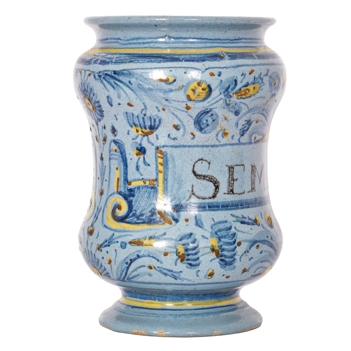 Pair Antique Italian Maiolica Pottery Albarelli Medicine Apothecary Jars, Circa 1650
