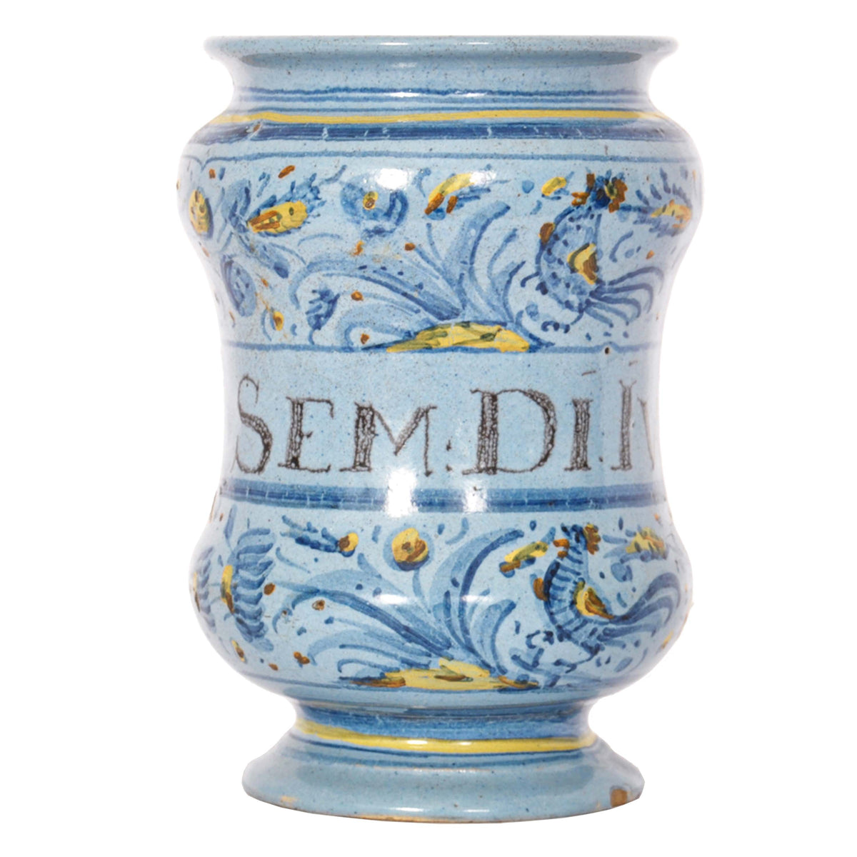 Pair Antique Italian Maiolica Pottery Albarelli Medicine Apothecary Jars, Circa 1650