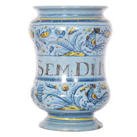 Pair Antique Italian Maiolica Pottery Albarelli Medicine Apothecary Jars, Circa 1650