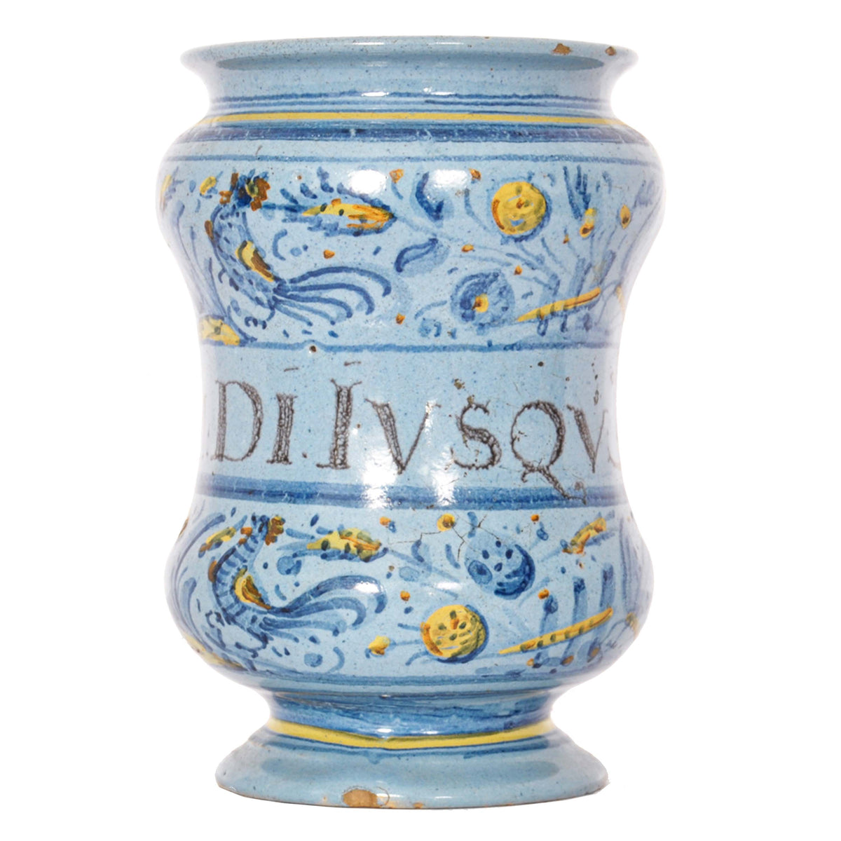 Pair Antique Italian Maiolica Pottery Albarelli Medicine Apothecary Jars, Circa 1650