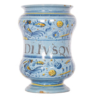 Pair Antique Italian Maiolica Pottery Albarelli Medicine Apothecary Jars, Circa 1650