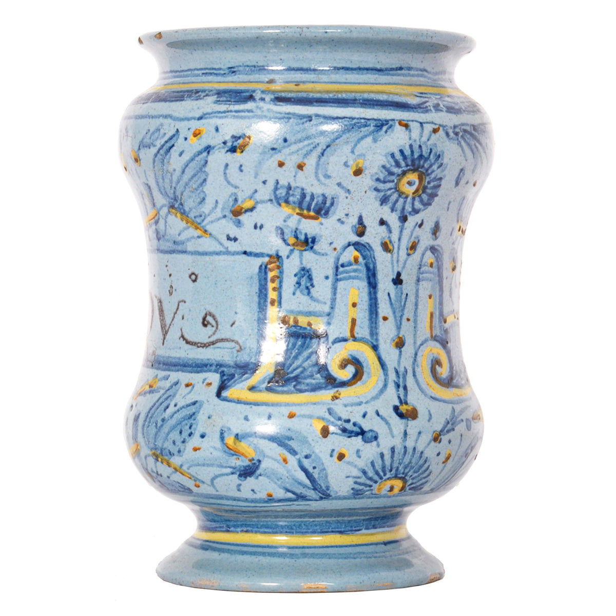 Pair Antique Italian Maiolica Pottery Albarelli Medicine Apothecary Jars, Circa 1650
