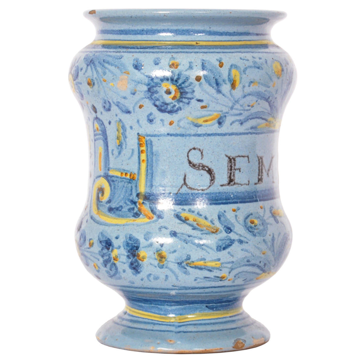 Pair Antique Italian Maiolica Pottery Albarelli Medicine Apothecary Jars, Circa 1650