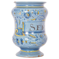 Pair Antique Italian Maiolica Pottery Albarelli Medicine Apothecary Jars, Circa 1650
