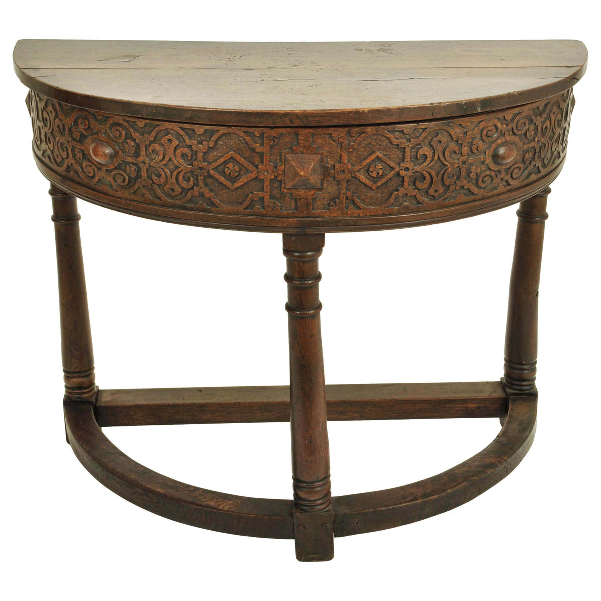 Antique 17th Century James I Jacobean Carved Oak Demi-lune Credence Table, circa 1620