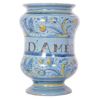 Pair Antique Italian Maiolica Pottery Albarelli Medicine Apothecary Jars, Circa 1650